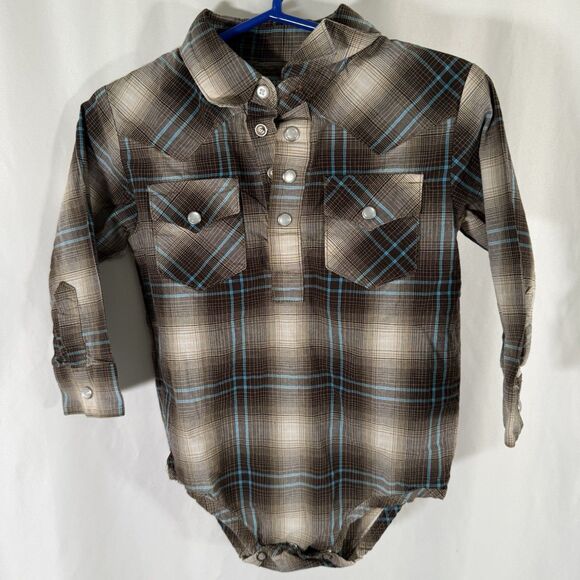 Wrangler Pearl Snap One Peice Baby 18M Brown Plaid Long Sleeve 100% Cotton - Picture 1 of 8